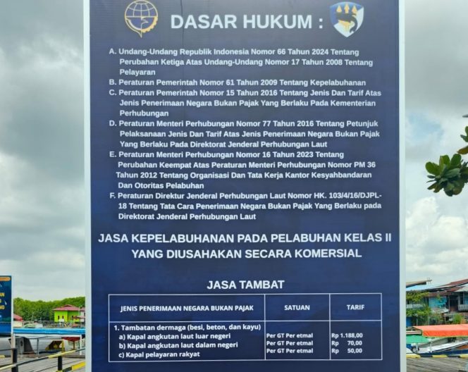 
					Papan pengumuman tarif tambat kapal. (Mirah Hayati/Jurnalpijar)