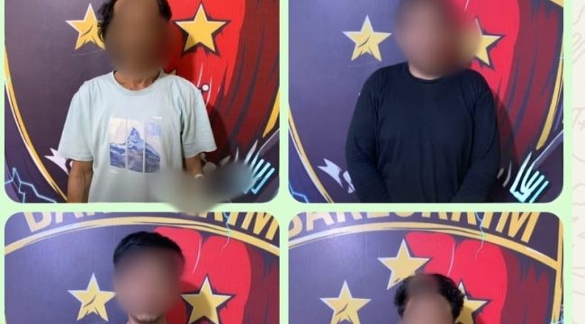 Keempat diduga tersangka pencurian kabel di stockpile PT Hutama Karya di Penajam Paser Utara, Kaltim, usai diamankan kepolisian. (Foto: Bareskrim Polres PPU)
