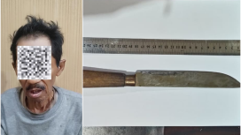 Pria berinisial NS (69) yang diamankan beserta barang bukti sajam oleh aparat Polres Bontang. (Foto: Istimewa)