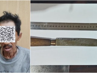 Pria berinisial NS (69) yang diamankan beserta barang bukti sajam oleh aparat Polres Bontang. (Foto: Istimewa)