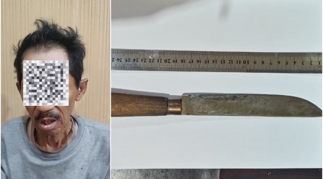 Pria berinisial NS (69) yang diamankan beserta barang bukti sajam oleh aparat Polres Bontang. (Foto: Istimewa)